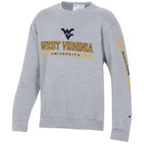 Heather grey youth WVU crew sweatshirt with full front screen print featuring the Flying WV Logo over West Virginia over Mountaineers and screen print on left sleeve